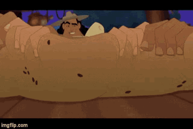 a cartoon of a man in a cowboy hat laying on a pile of dirt .