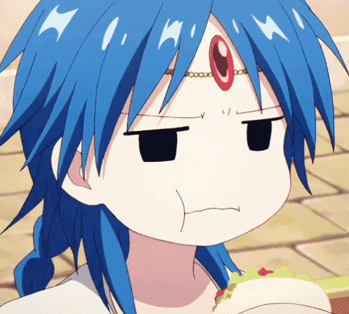 a cartoon character with blue hair and a red stone on his forehead