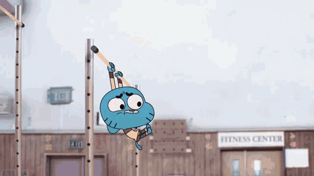 gumball from the amazing world of gumball hangs on a pole