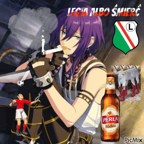 a purple haired anime character smoking a cigarette next to a perla bottle