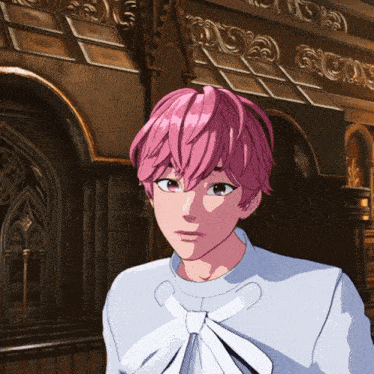 a cartoon character with pink hair and a white shirt with a bow tie