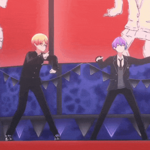 two anime characters are dancing on a stage with a red background