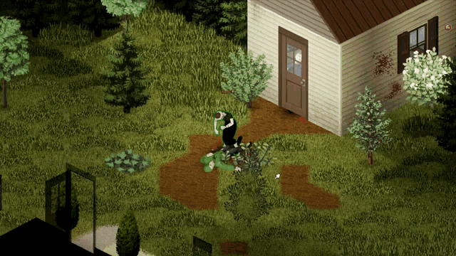 a video game shows a man standing in front of a house with blood on the ground