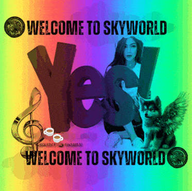 a poster that says welcome to skyworld with a woman and a dog