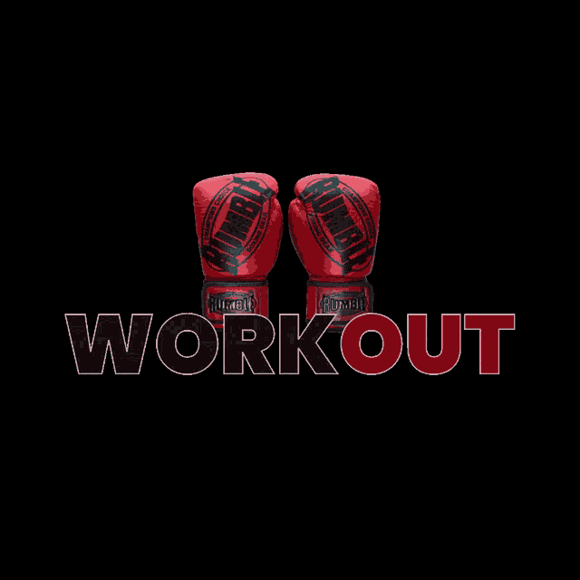 a pair of red boxing gloves with the word workout written in red