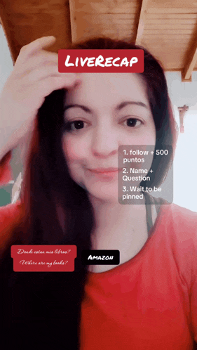 a woman in a red shirt has a live recap on her face