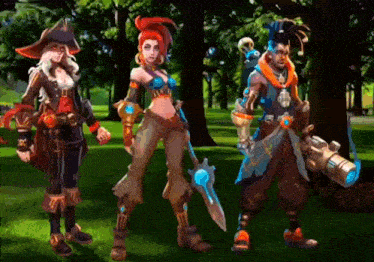 a group of cartoon characters standing in a park