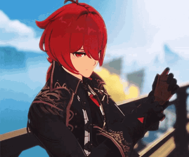 a red haired anime character with a black jacket