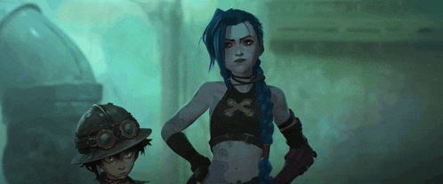 a girl with blue hair is standing next to a boy wearing a hat