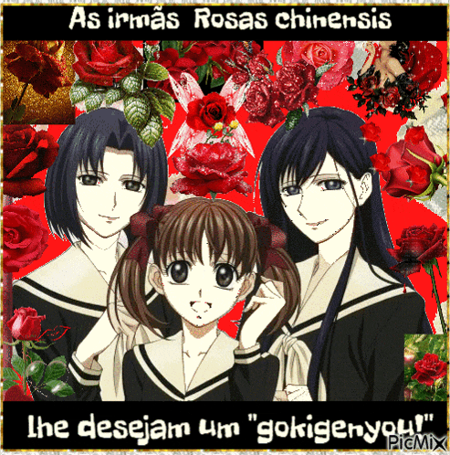 a picture of three anime girls with the words as irmas rosas chinonis