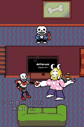 a pixel art drawing of papyrus and sans playing video games