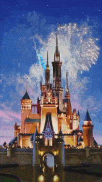 a painting of a disney castle with fireworks behind it
