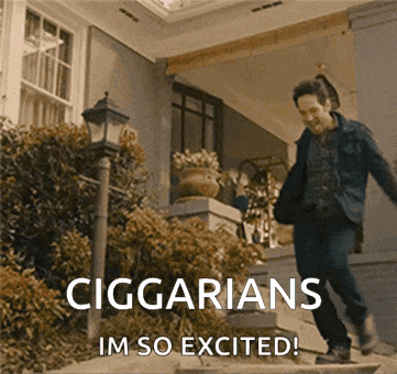 a man is walking down stairs with the words ciggarians im so excited