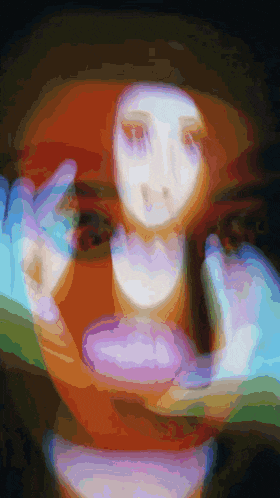 a colorful painting of a woman 's face with a purple mouth