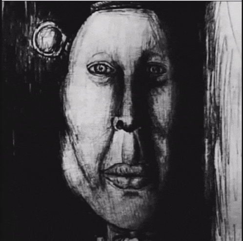 a black and white drawing of a man 's face with a circle around his head