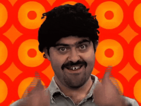 a man with a wig and mustache is giving the middle finger