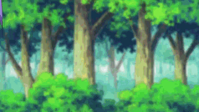 a painting of a forest with trees and shrubs