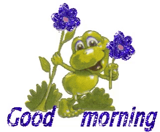 a picture of a frog holding purple flowers with the words " good morning " below it