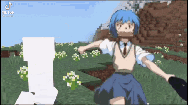a girl with blue hair is standing in a field in a minecraft video game .