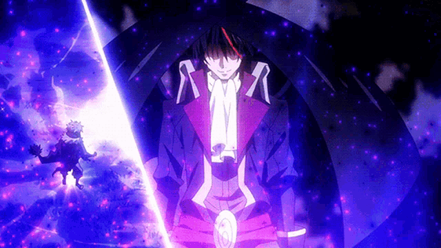 a man with a sword in his hand is surrounded by purple stars