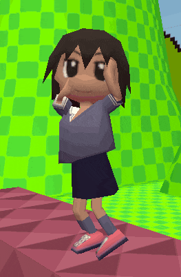 a cartoon character standing in front of a green checkered background