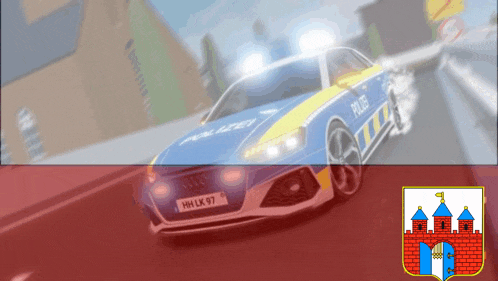 a blue and yellow police car with hhlk 97 on the license plate