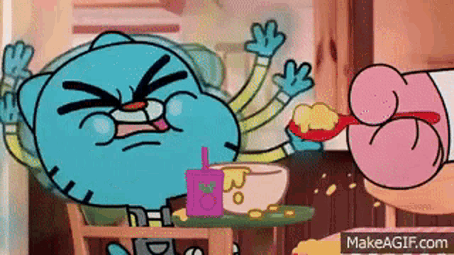 gumball from the amazing world of gumball is eating cereal