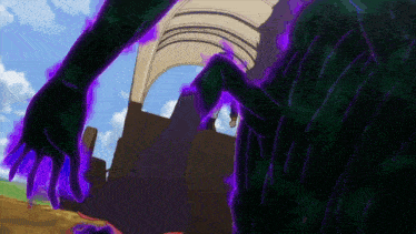 a person with purple glowing hands is standing in front of a building .