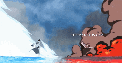 a cartoon of a man standing in front of an explosion with the words " the dance is gay " below him