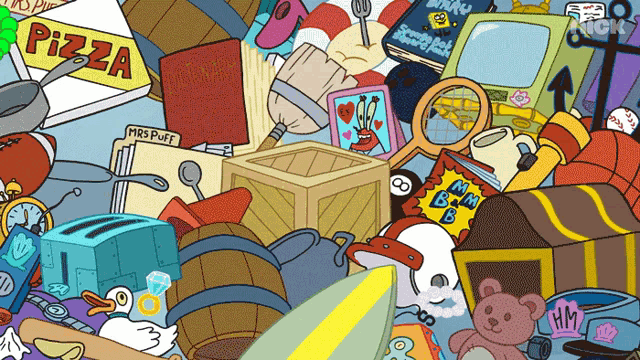 a bunch of cartoon characters including mrs puff and pizza
