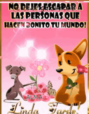 a cartoon dog is holding a flower in front of two dogs