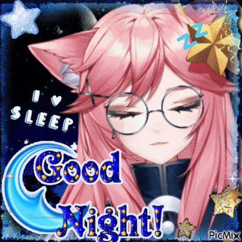 a picture of a girl with pink hair and glasses says good night