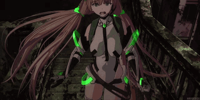 a drawing of a girl with long hair and a green headband that says harokaze on it