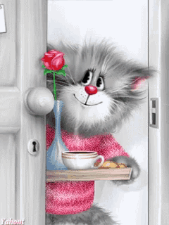 a cat in a pink sweater holds a tray with a cup of coffee and a rose in a vase
