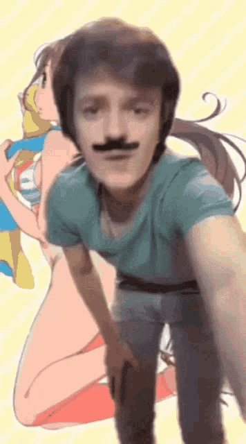 a man with a mustache is taking a selfie in front of a girl