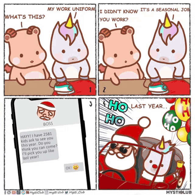 a comic strip shows a unicorn talking to a bear and a santa claus