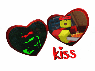 two hearts with a picture of a roblox character and the word kiss on the bottom