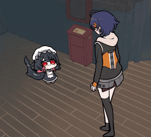 a cartoon drawing of a girl standing next to a small dog