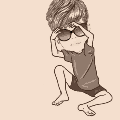 a cartoon boy wearing sunglasses is stretching his legs .