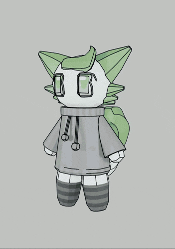 a 3d model of a cat in a cube with a green head .