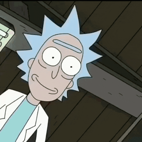 a cartoon character named rick from rick and morty is standing in a dark room