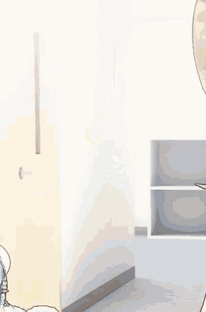 a cartoon girl is dancing in a room with her arms outstretched