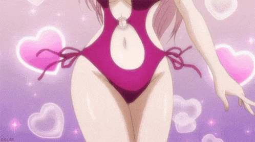 a woman in a pink swimsuit is surrounded by pink hearts on a purple background .