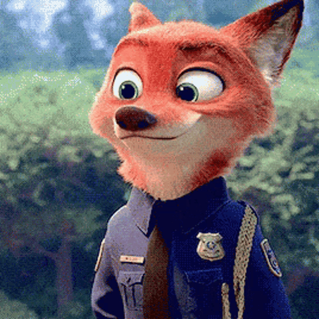 a cartoon fox wearing a police uniform is smiling