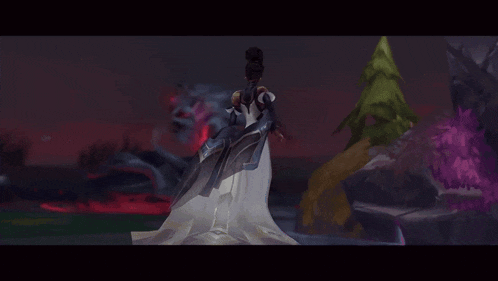 a woman in a white dress is holding a sword in a video game