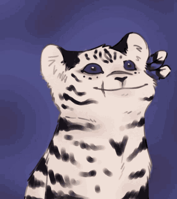 a drawing of a cat with blue eyes and black stripes on it