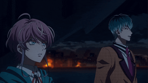 two anime characters are standing next to each other in front of a fire