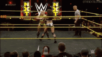 two women are wrestling in a wrestling ring with a referee watching ..