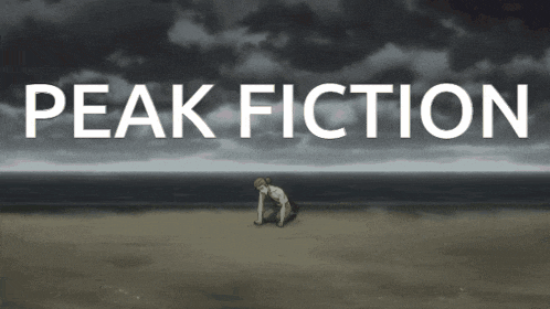 a poster for peak fiction shows a man kneeling on the beach