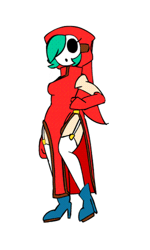 a cartoon drawing of a shy guy wearing a red dress